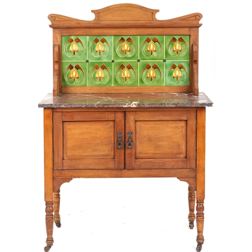 578 - Edwardian Arts & Crafts walnut washstand with a tiled back and marble top, 130cm H x 92cm W x 46cm D