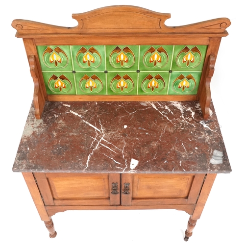 578 - Edwardian Arts & Crafts walnut washstand with a tiled back and marble top, 130cm H x 92cm W x 46cm D