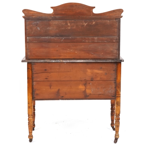 578 - Edwardian Arts & Crafts walnut washstand with a tiled back and marble top, 130cm H x 92cm W x 46cm D