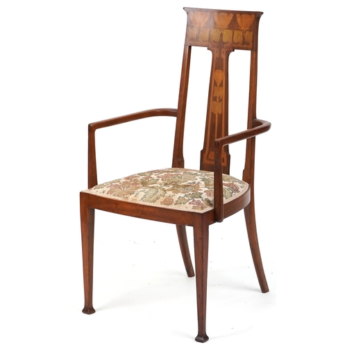 591 - Early 20th century Arts & Crafts mahogany framed open armchair, retailed by Liberty & Co, London, wi... 