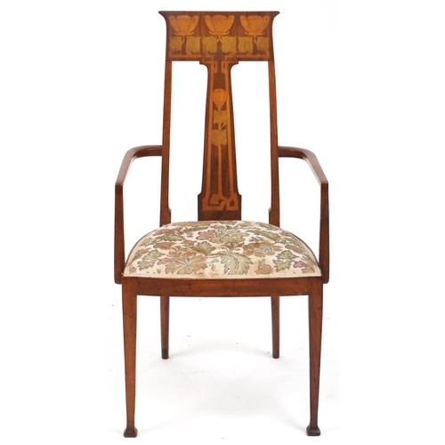 591 - Early 20th century Arts & Crafts mahogany framed open armchair, retailed by Liberty & Co, London, wi... 