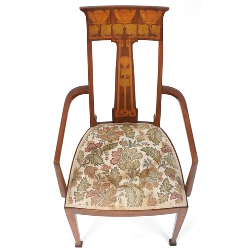 591 - Early 20th century Arts & Crafts mahogany framed open armchair, retailed by Liberty & Co, London, wi... 