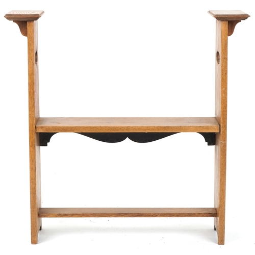 544 - Edwardian Arts & Crafts oak narrow hall bench with pierced decoration, 97cm H x 99cm W x 26cm D