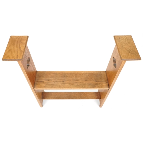 544 - Edwardian Arts & Crafts oak narrow hall bench with pierced decoration, 97cm H x 99cm W x 26cm D