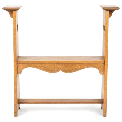 544 - Edwardian Arts & Crafts oak narrow hall bench with pierced decoration, 97cm H x 99cm W x 26cm D