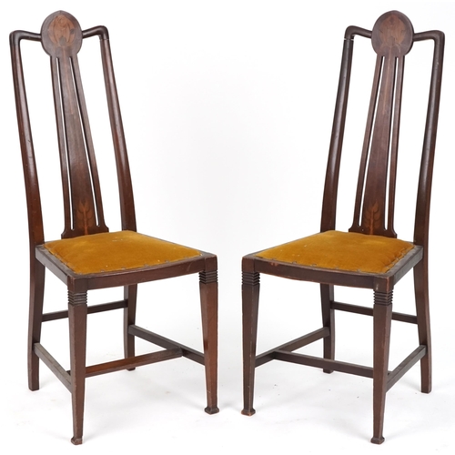 614 - Pair of early 20th century Art Nouveau style mahogany and inlaid bedroom chairs, 104cm H x 41cm W x ... 