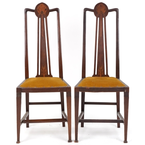 614 - Pair of early 20th century Art Nouveau style mahogany and inlaid bedroom chairs, 104cm H x 41cm W x ... 