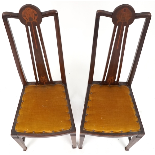 614 - Pair of early 20th century Art Nouveau style mahogany and inlaid bedroom chairs, 104cm H x 41cm W x ... 