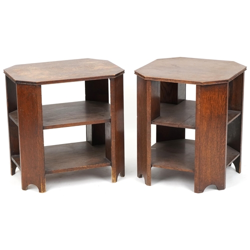 547 - Two similar early 20th century octagonal oak book tables, probably by Heal's, 61cm H x 53cm W x 53cm... 