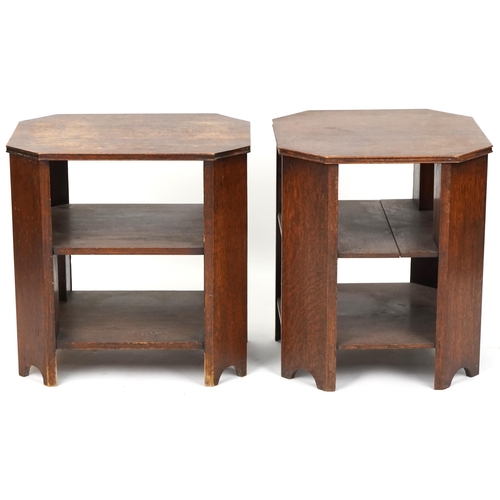 547 - Two similar early 20th century octagonal oak book tables, probably by Heal's, 61cm H x 53cm W x 53cm... 