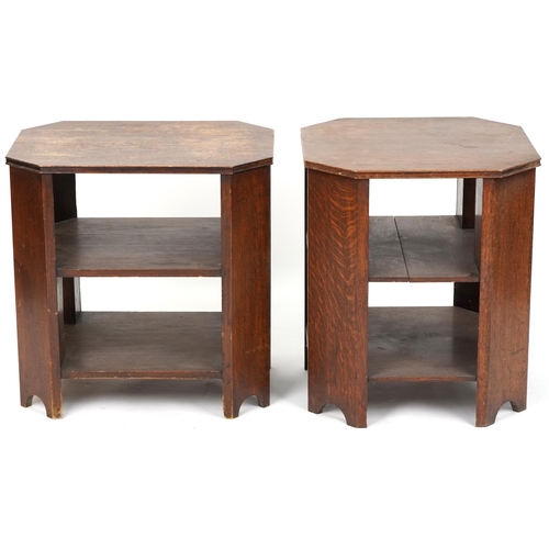 547 - Two similar early 20th century octagonal oak book tables, probably by Heal's, 61cm H x 53cm W x 53cm... 