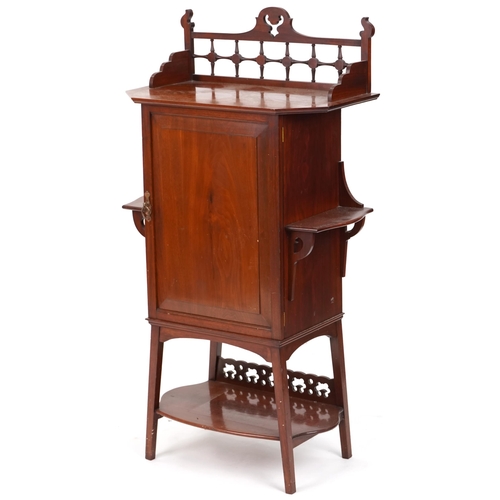 552 - Edwardian Arts & Crafts mahogany side cabinet with three quarter gallery back, 126cm H x 70cm W x 37... 