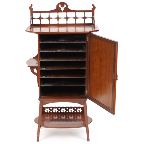 552 - Edwardian Arts & Crafts mahogany side cabinet with three quarter gallery back, 126cm H x 70cm W x 37... 