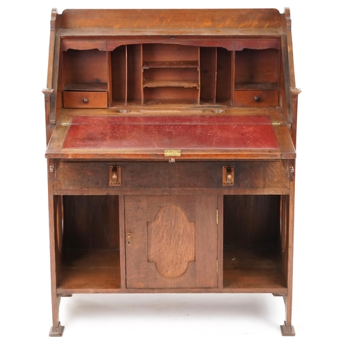 576 - Late Victorian Arts & Crafts oak bureau with copper strapwork hinges and pull handles, 108cm H x 84c... 