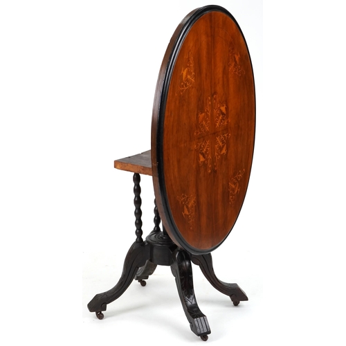 734 - Late Victorian walnut oval centre table with inlaid decoration, 70cm H x 103cm W x 73cm D