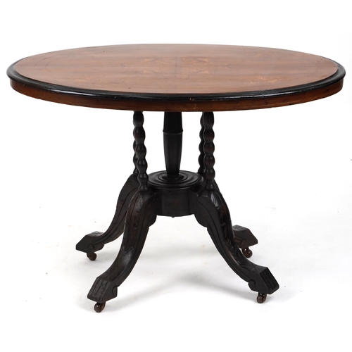 734 - Late Victorian walnut oval centre table with inlaid decoration, 70cm H x 103cm W x 73cm D