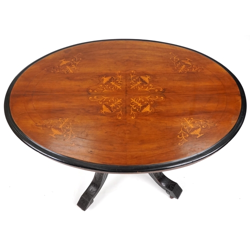 734 - Late Victorian walnut oval centre table with inlaid decoration, 70cm H x 103cm W x 73cm D