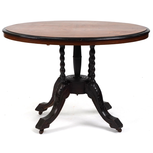 734 - Late Victorian walnut oval centre table with inlaid decoration, 70cm H x 103cm W x 73cm D