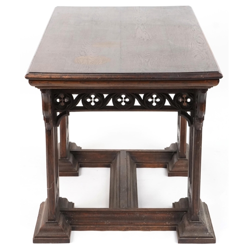 551 - Late Victorian Gothic Revival oak centre table, 80cm H x 144cm W x 75cm D