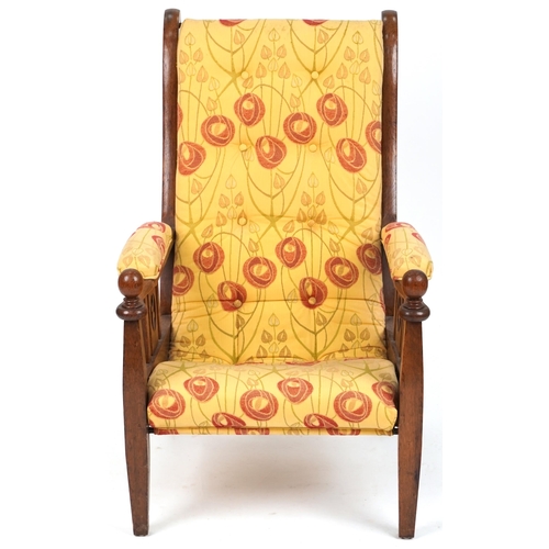 583 - Early 20th century Arts & Crafts oak armchair upholstered in floral fabric, 92cm H x 63cm W x 78cm D