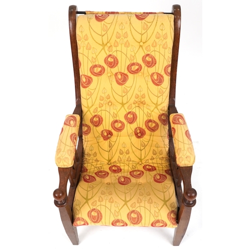 583 - Early 20th century Arts & Crafts oak armchair upholstered in floral fabric, 92cm H x 63cm W x 78cm D