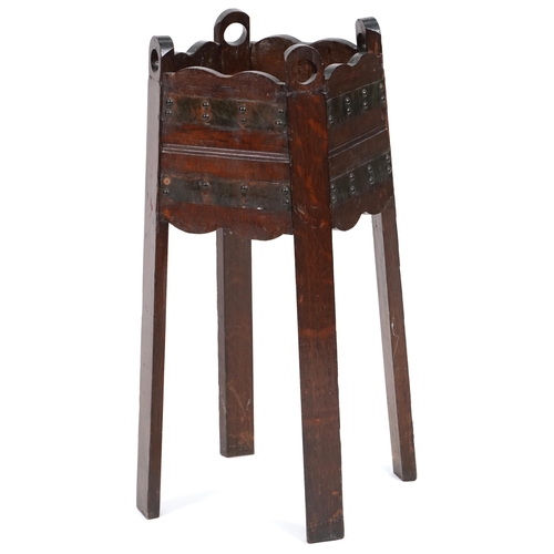 612 - George V oak jardinière stand with copper strapwork panels, 72cm H x 33cm W x 33cm D