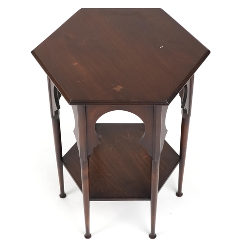 595 - Edwardian Arts & Crafts mahogany hexagonal occasional table in the manner of Liberty & Co, 65cm H x ... 