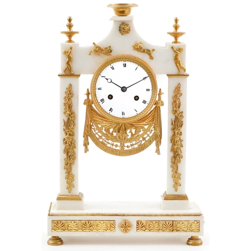 1086 - 19th century ormolu mounted marble portico clock with enamelled dial, striking on a bell, 45cm high