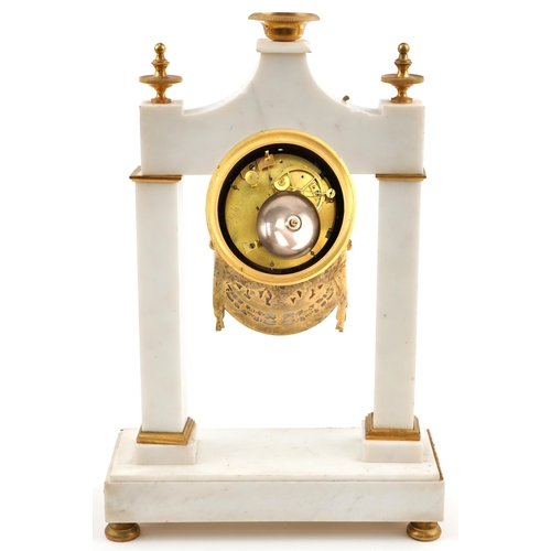 1086 - 19th century ormolu mounted marble portico clock with enamelled dial, striking on a bell, 45cm high