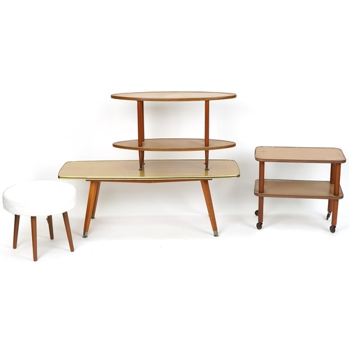 712 - Mid century furniture comprising coffee table, two occasional tables with under tiers and a stool, t... 