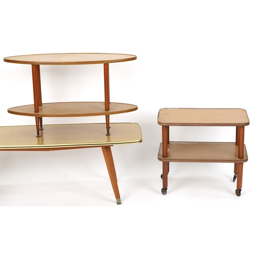 712 - Mid century furniture comprising coffee table, two occasional tables with under tiers and a stool, t... 