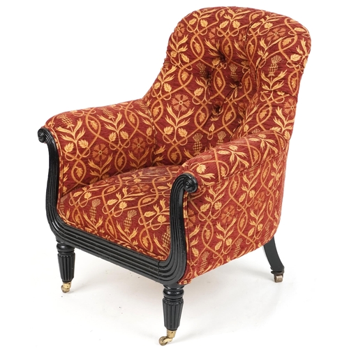 682 - Early Victorian scroll armchair, later ebonised, upholstered in red floral fabric