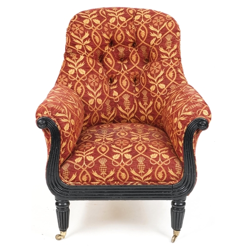 682 - Early Victorian scroll armchair, later ebonised, upholstered in red floral fabric