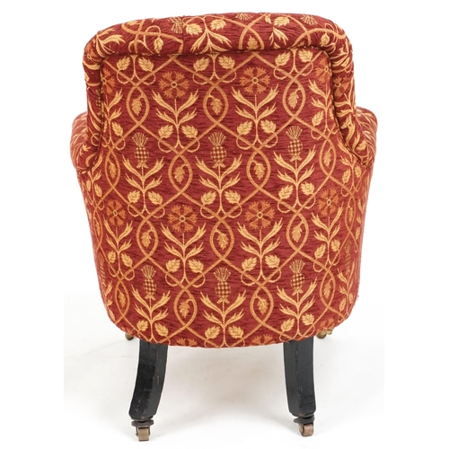 682 - Early Victorian scroll armchair, later ebonised, upholstered in red floral fabric