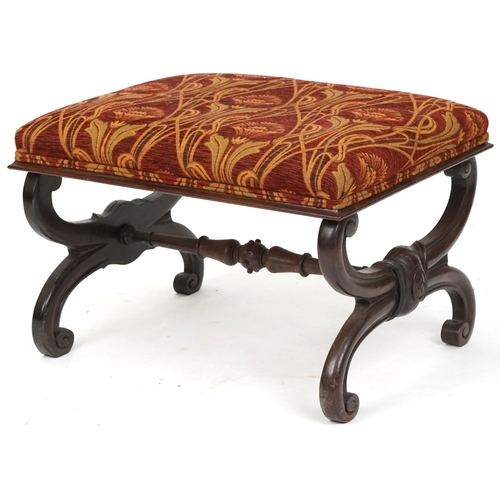 680 - Late Victorian mahogany framed 'X' frame stool with carved decoration and overstuffed seat, 49cm H x... 