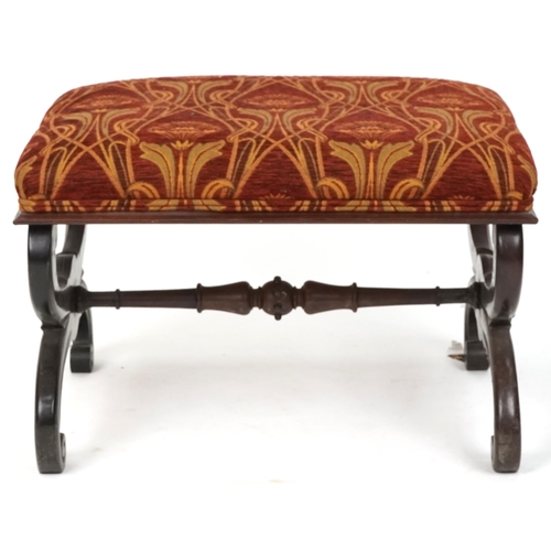 680 - Late Victorian mahogany framed 'X' frame stool with carved decoration and overstuffed seat, 49cm H x... 