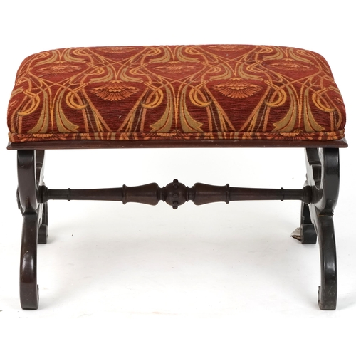 680 - Late Victorian mahogany framed 'X' frame stool with carved decoration and overstuffed seat, 49cm H x... 