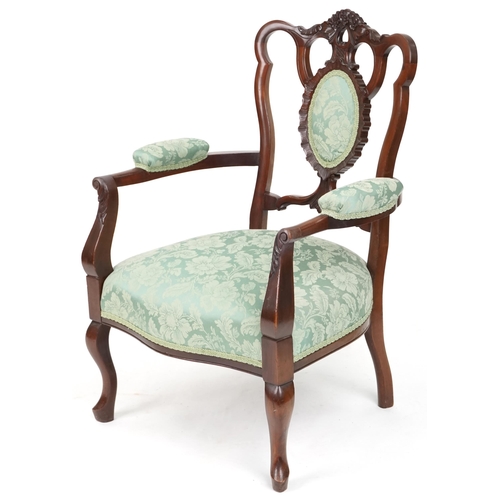 672 - Edwardian mahogany framed open armchair with upholstered seat, back and arms, 92cm H x 68cm W x 65cm... 