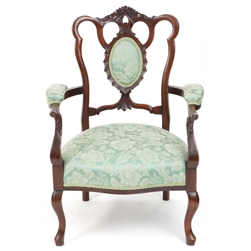 672 - Edwardian mahogany framed open armchair with upholstered seat, back and arms, 92cm H x 68cm W x 65cm... 