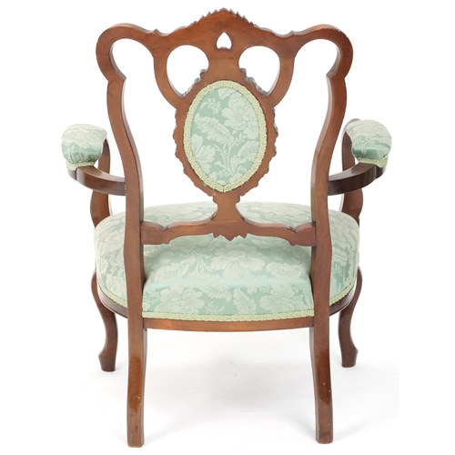 672 - Edwardian mahogany framed open armchair with upholstered seat, back and arms, 92cm H x 68cm W x 65cm... 