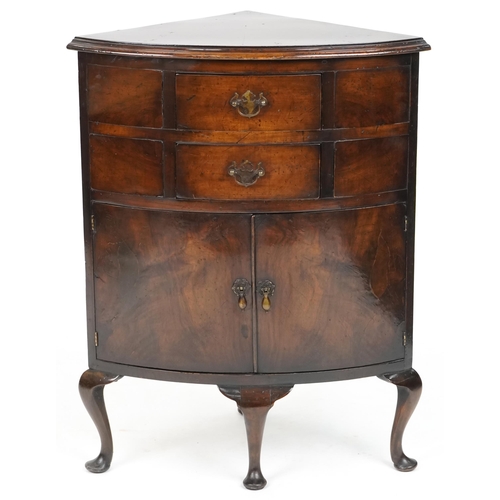 737 - Early 20th century Queen Anne style walnut bow front corner cabinet, 82cm H x 64cm W x 41cm D