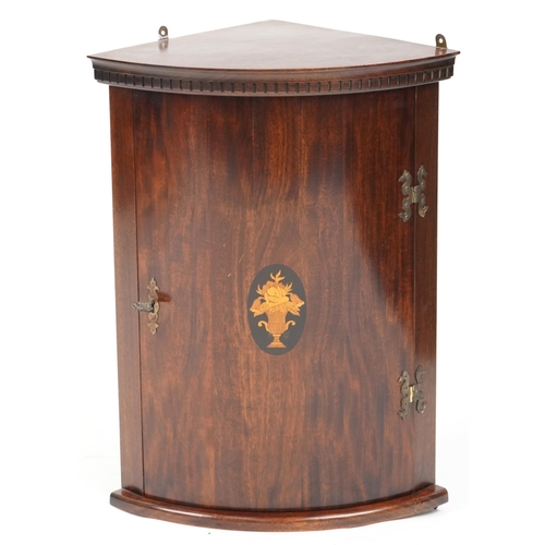 669 - Late 20th century hardwood bow front hanging corner cabinet, 66cm H x 46cm W x 36cm D