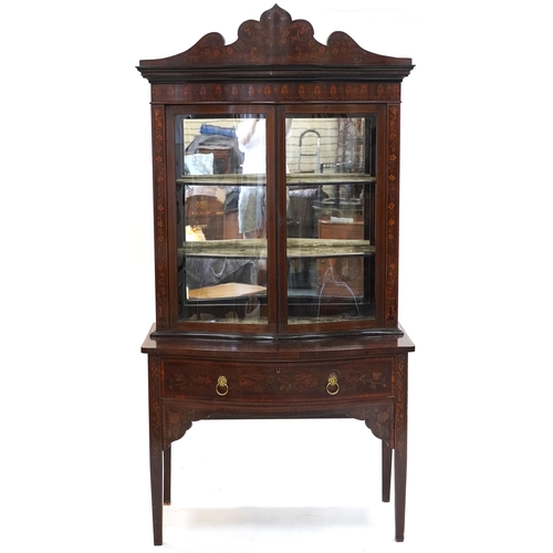 652 - Edwardian Neo-Classical Revival bow front display cabinet on stand with inlaid decoration, 212cm H x... 