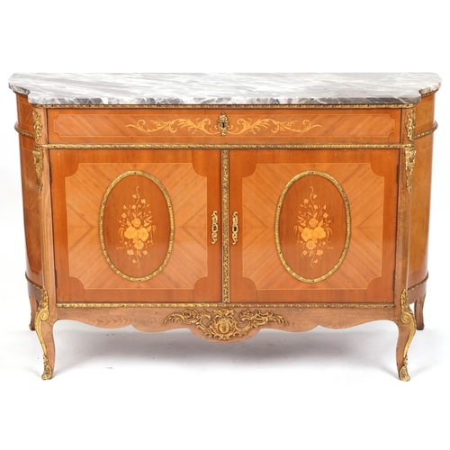 653 - 20th century reproduction Louis XV style mahogany and satinwood side cabinet with marble top above f... 