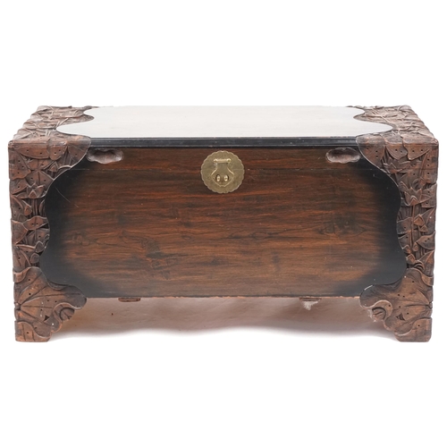 715 - Early 20th century Chinese camphor trunk with carved decoration, 50cm H x 101cm x 50cm D