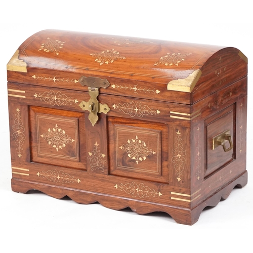 656 - 20th century Eastern hardwood dome topped trunk with brass inlaid decoration, 46cm H x 60cm W x 38cm... 