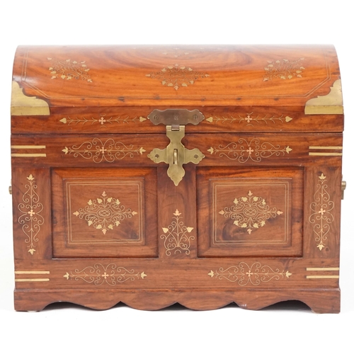 656 - 20th century Eastern hardwood dome topped trunk with brass inlaid decoration, 46cm H x 60cm W x 38cm... 