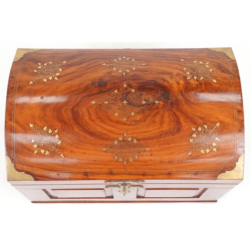 656 - 20th century Eastern hardwood dome topped trunk with brass inlaid decoration, 46cm H x 60cm W x 38cm... 