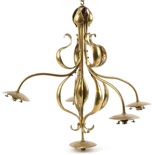 77 - Large Brass Arts & Crafts five branch ceiling light, 75cm high