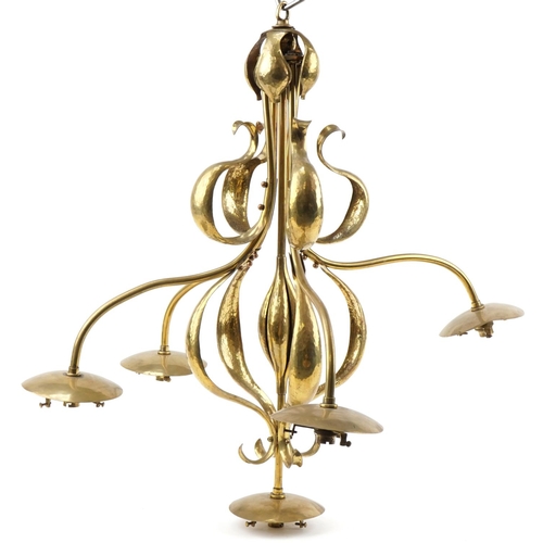 77 - Large Brass Arts & Crafts five branch ceiling light, 75cm high